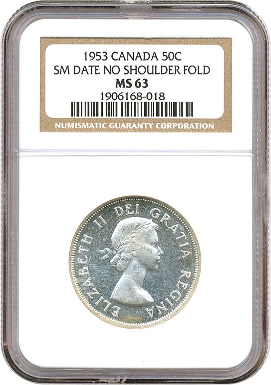 image for: Canada: 1953 50C NGC MS63 (Sm.Date, No Shoulder Fold)