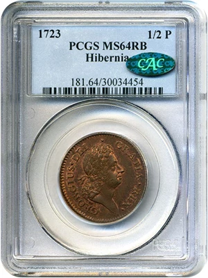image for: 1723 1/2 P PCGS/CAC MS64 RB (Hibernia)