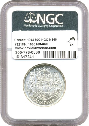 image for: Canada: 1944 50C NGC MS65