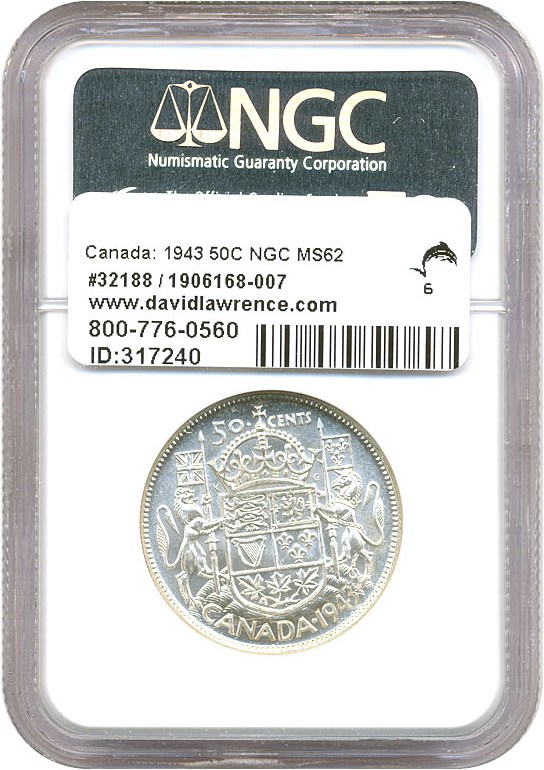 image for: Canada: 1943 50C NGC MS62