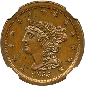 image for: 1855 1/2c NGC/CAC Proof 62 BN