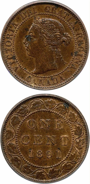 image for: Canada: 1891 1c PCGS AU55 (Lg.Dt, Lg.Ltr)
