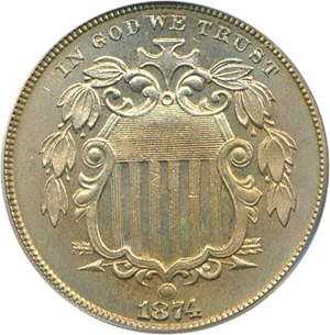 image for: 1874 5c PCGS/CAC Proof 64