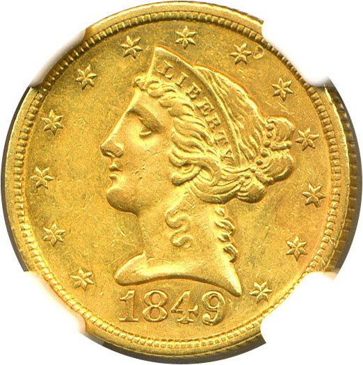 image for: 1849/49 $5 NGC AU55 (VP-001)