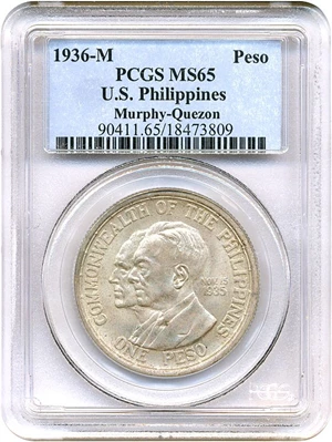 image for: U.S. Philippines: 1936-M Peso PCGS MS65 (Murphy & Quezon)
