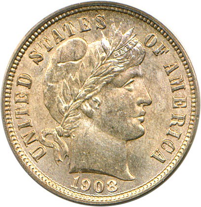 image for: 1908-D 10c PCGS MS64