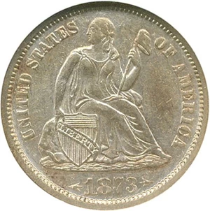 image for: 1873 10c ANACS AU55 (Arrows)