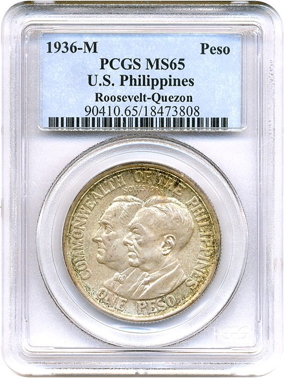 image for: U.S. Philippines: 1936-M Peso PCGS MS65 (Roosevelt & Quezon)