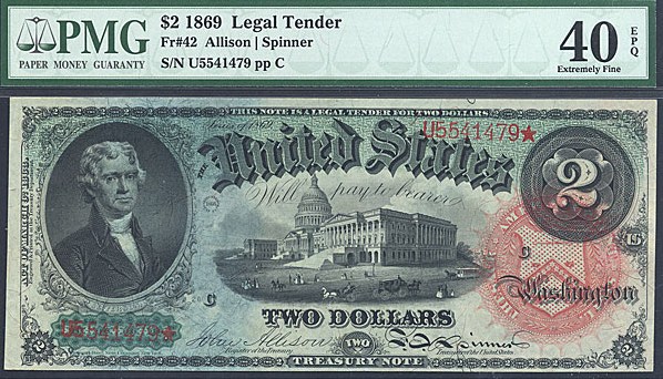 image for: 1869 $2 PMG XF40 EPQ (Fr.42)