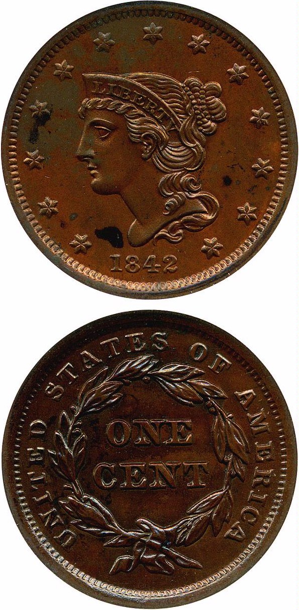 image for: 1842 1c ANACS MS62 BN (Small Date)
