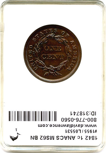 image for: 1842 1c ANACS MS62 BN (Small Date)