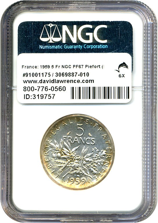 image for: France: 1959 5 Fr NGC PF67 Piefort (KM-PE326, Silver with Essai)
