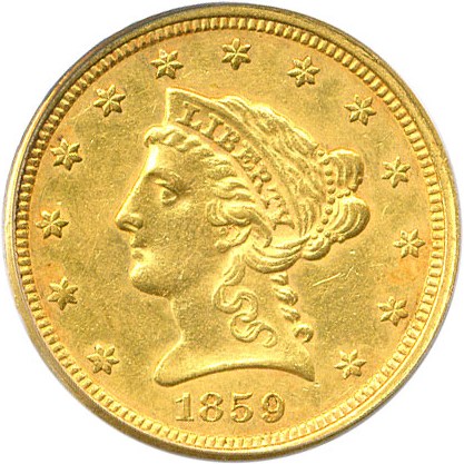 image for: 1859 $2 1/2 PCGS AU50 (Old Reverse)