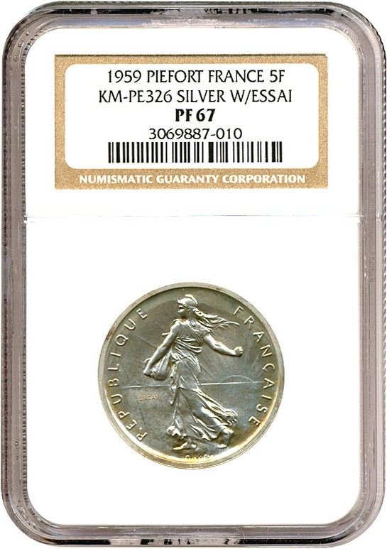 image for: France: 1959 5 Fr NGC PF67 Piefort (KM-PE326, Silver with Essai)