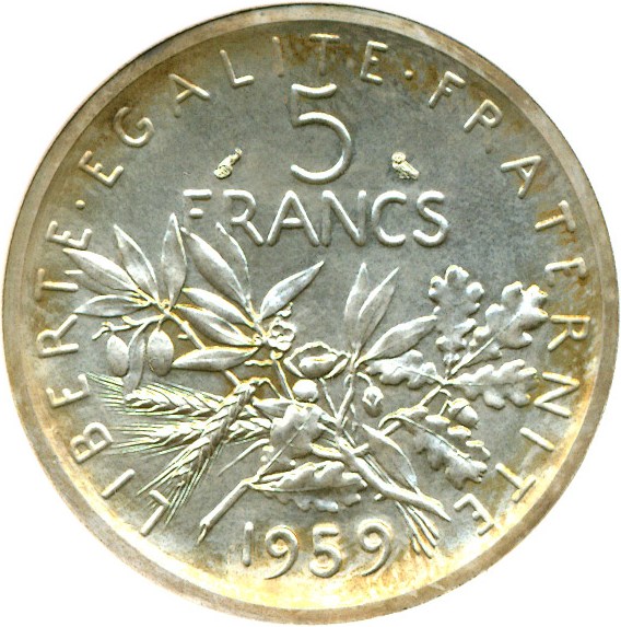 image for: France: 1959 5 Fr NGC PF67 Piefort (KM-PE326, Silver with Essai)