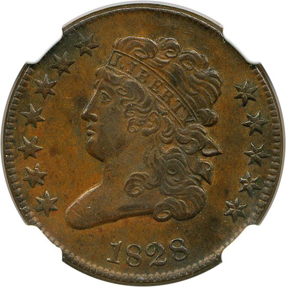 image for: 1828 1/2c NGC AU55 (12 Stars, C-2)