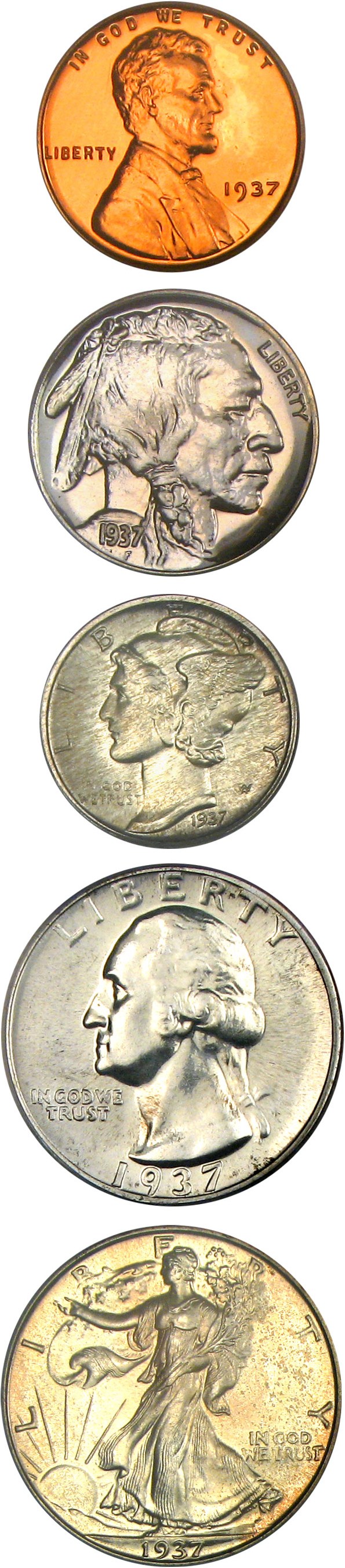 image for: 1937 Proof Set 1c-50c PCGS Proof 65RD,64,66,65,63