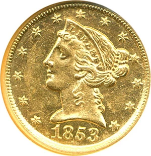 image for: 1853-D $5 NGC MS61
