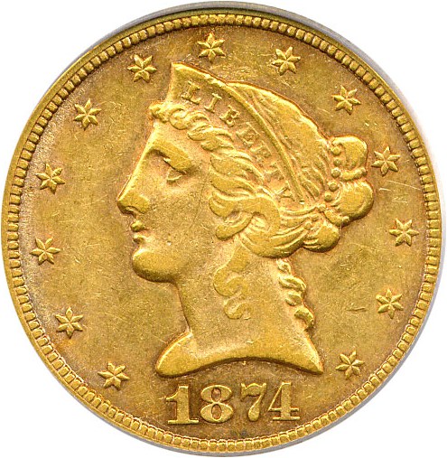 image for: 1874-CC $5 PCGS AU50