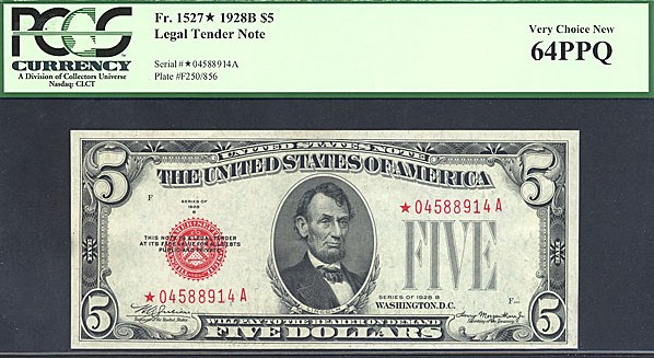 image for: 1928B $5 *Star* PCGS Choice CU64 PPQ (Fr. 1527)