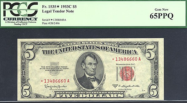 image for: 1953C $5 *Star* PCGS Gem CU65 PPQ (Fr.1535)