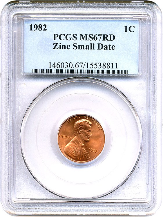 image for: 1982 1c PCGS MS67 RD (Zinc Small Date)