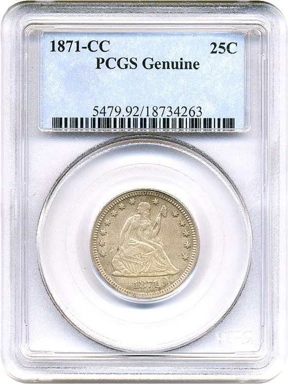 image for: 1871-CC 25c PCGS Genuine (XF Details)