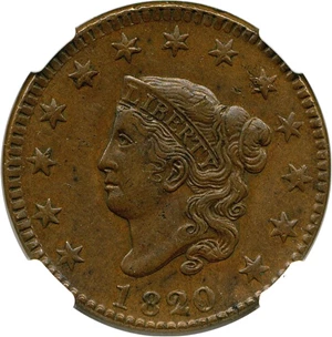 image for: 1820/19 1c NGC/CAC AU55 (Small Date, N-3)