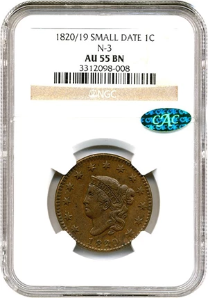 image for: 1820/19 1c NGC/CAC AU55 (Small Date, N-3)