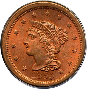 image for: 1855 1c PCGS MS65 RD OGH