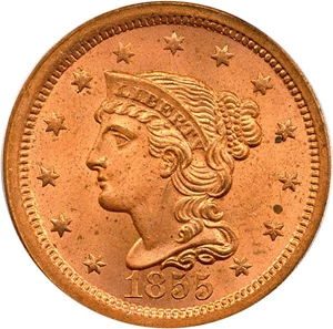 image for: 1855 1c PCGS/CAC MS65 RD (Upright 55)