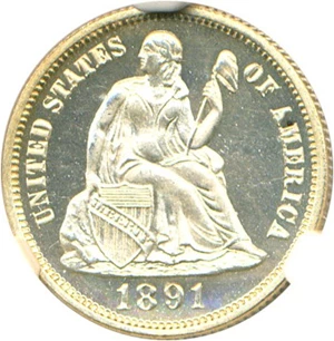 image for: 1891 10c NGC/CAC Proof 65 Cameo