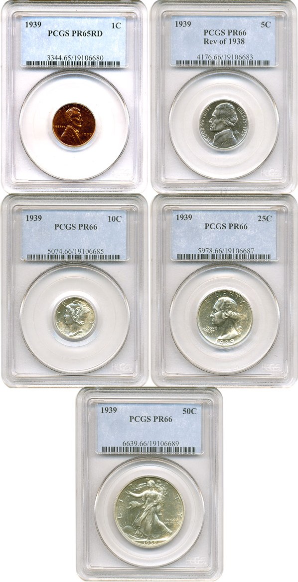 image for: Proof Set: 1939 1c--50c PCGS Proof 65RD,66,66,66,66