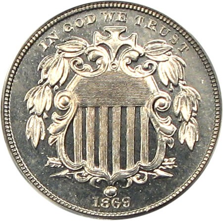 image for: 1869 5c PCGS/CAC Proof 63 OGH * CAC Gold *