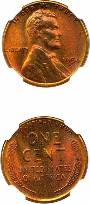 image for: 1954-S 1c NGC MS67 RB * Star / Color *