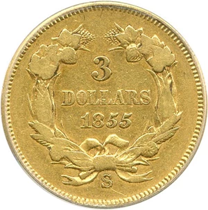 image for: 1855-S $3 PCGS VF20