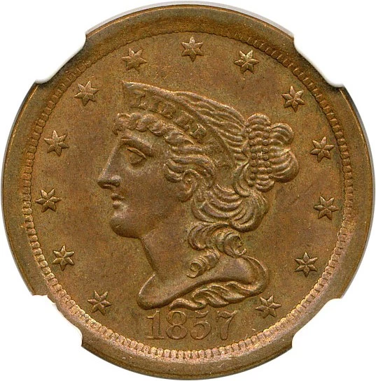 1857 Braided Hair Half Cent Early Copper Half Penny Coin Value Prices,  Photos & Info