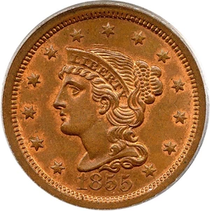 image for: 1855 1c PCGS/CAC MS65 RB (Upright 55)