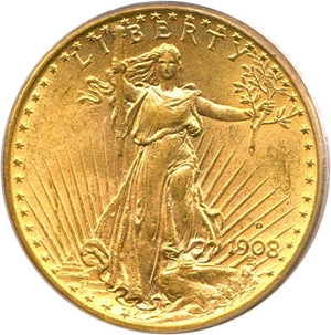 image for: 1908-D $20 PCGS MS63 (Motto)