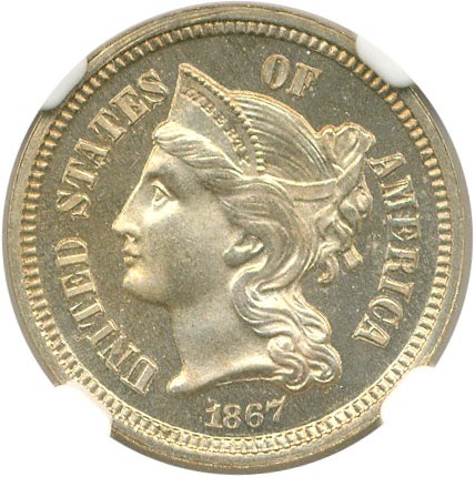 image for: 1867 3cN NGC Proof 66 Cameo