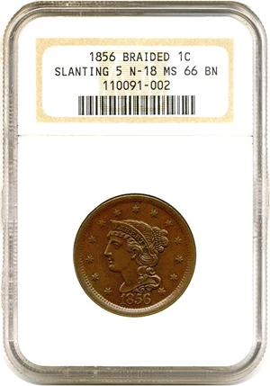 image for: 1856 1c NGC MS66 BN (Braided, Slanting 5, N-18)