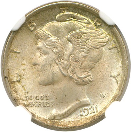 image for: 1921 10c NGC Unc Details (Obverse Scratched)