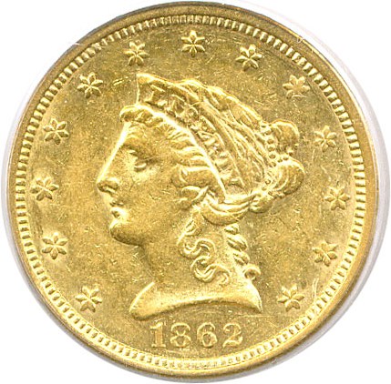 image for: 1862 $2 1/2 PCGS AU50