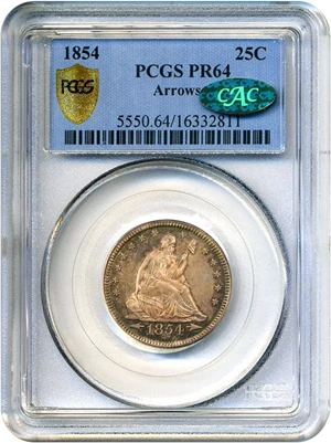 image for: 1854 25c PCGS Secure/CAC Proof 64 (Arrows)