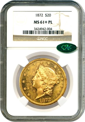 image for: 1872 $20 NGC/CAC MS61+ PL