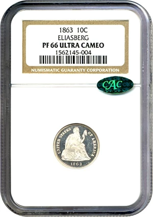 image for: 1863 10c NGC/CAC Proof 66 Ultra Cameo ex: Eliasberg