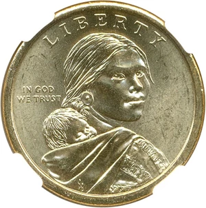 image for: Mint Error: 2009 Sac $1 NGC MS64 (Missing Edge Lettering)
