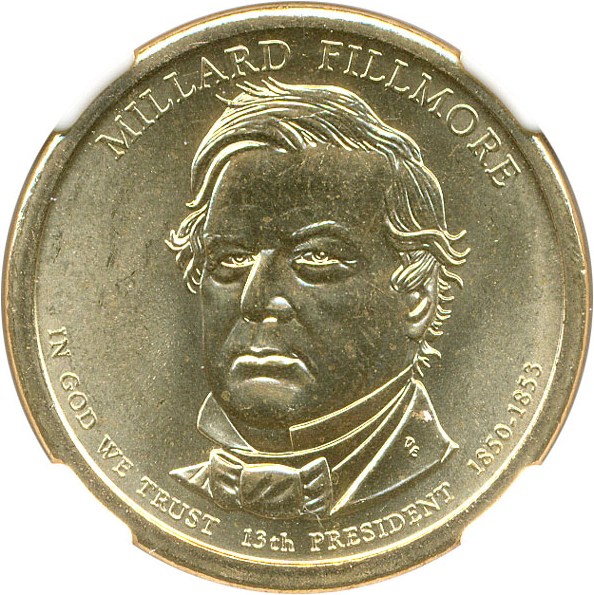 image for: Mint Error: 2010 $1 NGC MS66 (Fillmore, Missing Edge Lettering)