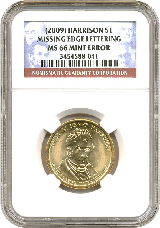 image for: Mint Error: 2009 $1 NGC MS66 (Harrison, Missing Edge Lettering)