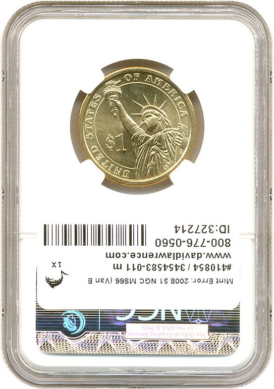 image for: Mint Error: 2008 $1 NGC MS66 (Van Buren, Missing Edge Lettering)